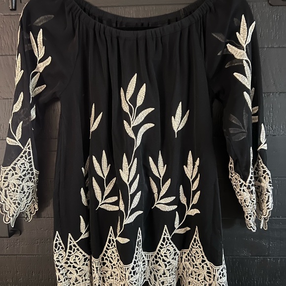 Alfani Black Blouse with White Leaf Embroidery - Picture 1 of 4